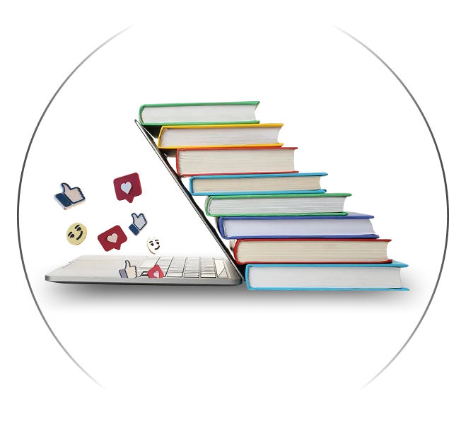 Laptop with published books and reader engagement icons