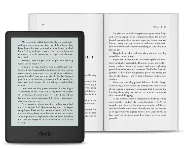 Tablets and books showcasing published titles