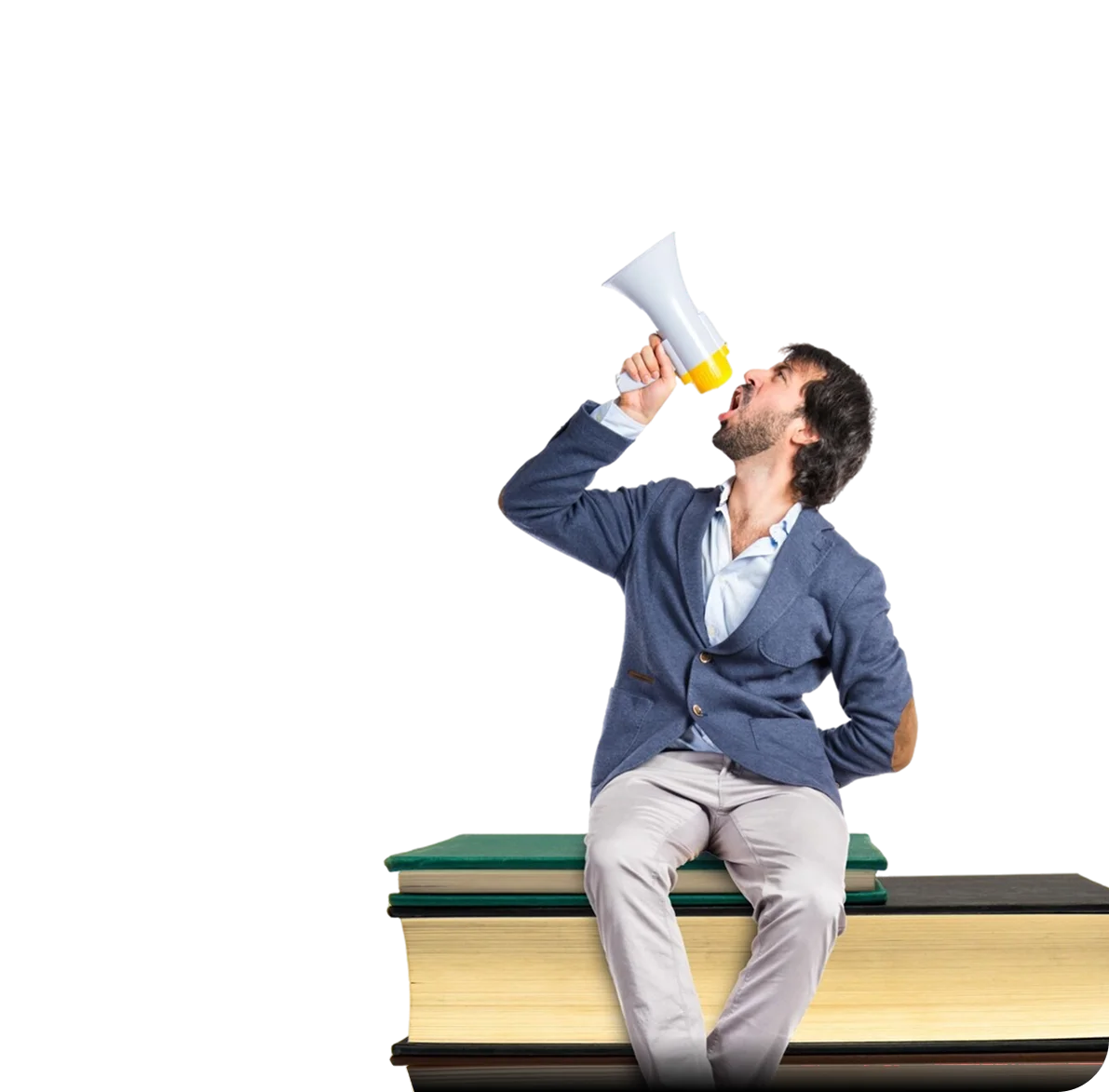 Author promoting a book with a megaphone while sitting on a stack of books