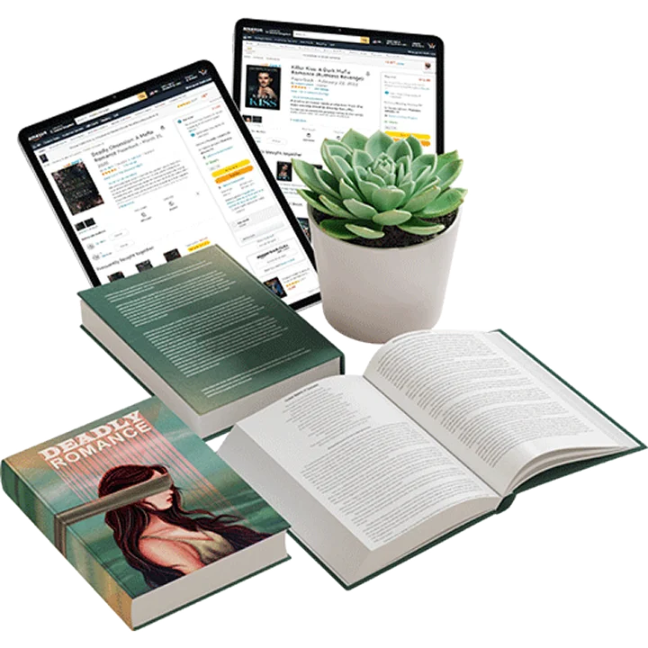 Tablets and books showcasing published titles